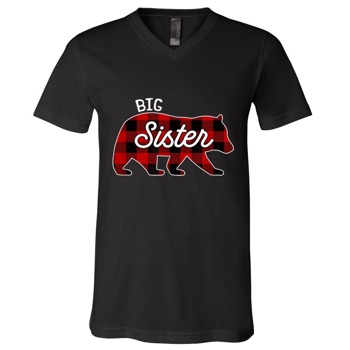 Big Sister Bear Red Buffalo Plaid Matching Family V-Neck T-Shirt