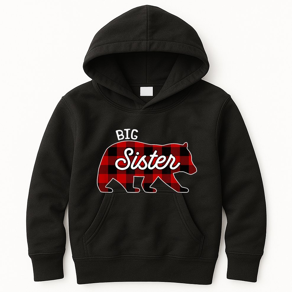 Big Sister Bear Red Buffalo Plaid Matching Family Kids Hoodie
