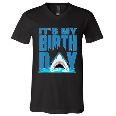 Blue Shark Birthday Shark Bite Its My Birthday V-Neck T-Shirt