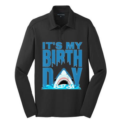 Blue Shark Birthday Shark Bite Its My Birthday Silk Touch Performance Long Sleeve Polo