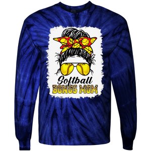 Bleached Softball Bonus Mom Messy Bun Game Day Mother's Day Tie-Dye Long Sleeve Shirt