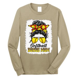 Bleached Softball Bonus Mom Messy Bun Game Day Mother's Day Long Sleeve Shirt