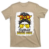 Bleached Softball Bonus Mom Messy Bun Game Day Mother's Day T-Shirt