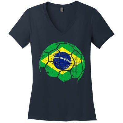 Brazil Soccer Ball Flag Jersey Women's V-Neck T-Shirt