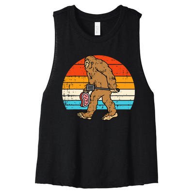 Bigfoot Sasquatch Bbq Retro Barbecue Grilling Women's Racerback Cropped Tank