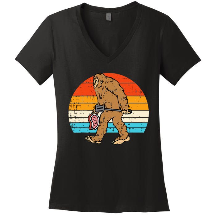 Bigfoot Sasquatch Bbq Retro Barbecue Grilling Women's V-Neck T-Shirt