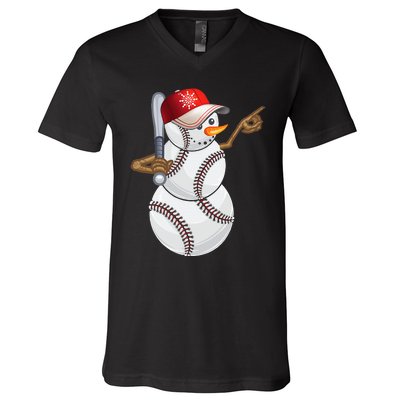 Baseball Snowman Balls Baseball Hat Snow Christmas V-Neck T-Shirt