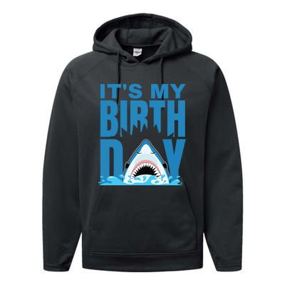 Blue Shark Birthday Shark Bite Its My Birthday Performance Fleece Hoodie