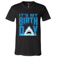 Blue Shark Birthday Shark Bite Its My Birthday V-Neck T-Shirt