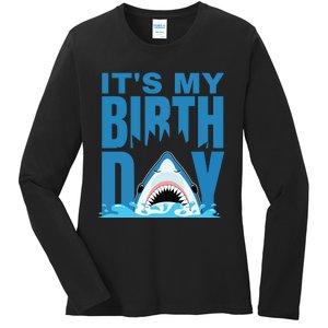 Blue Shark Birthday Shark Bite Its My Birthday Ladies Long Sleeve Shirt