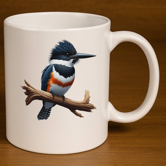 Bird Series. Belted Kingfisher Bird. ArtistS Rendition. 11oz C Handle Ceramic Mug