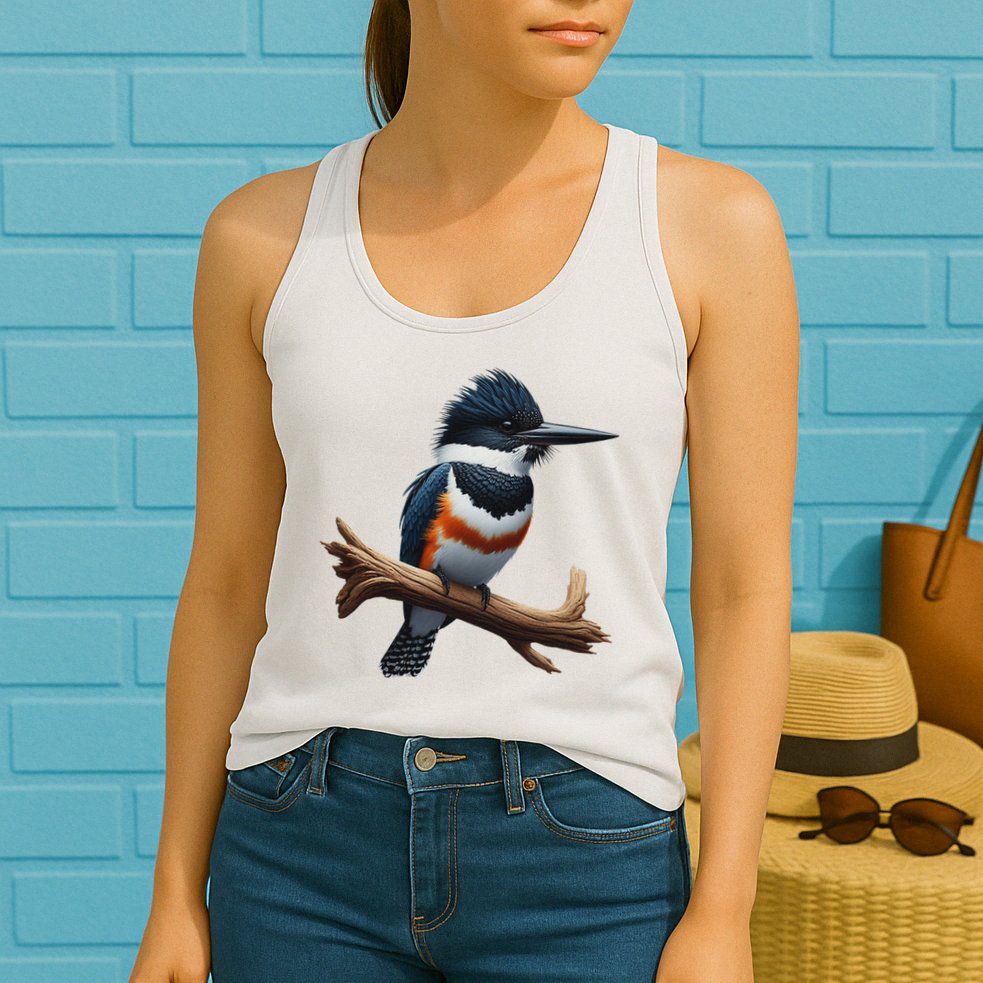 Bird Series. Belted Kingfisher Bird. ArtistS Rendition. Womens Tank Top