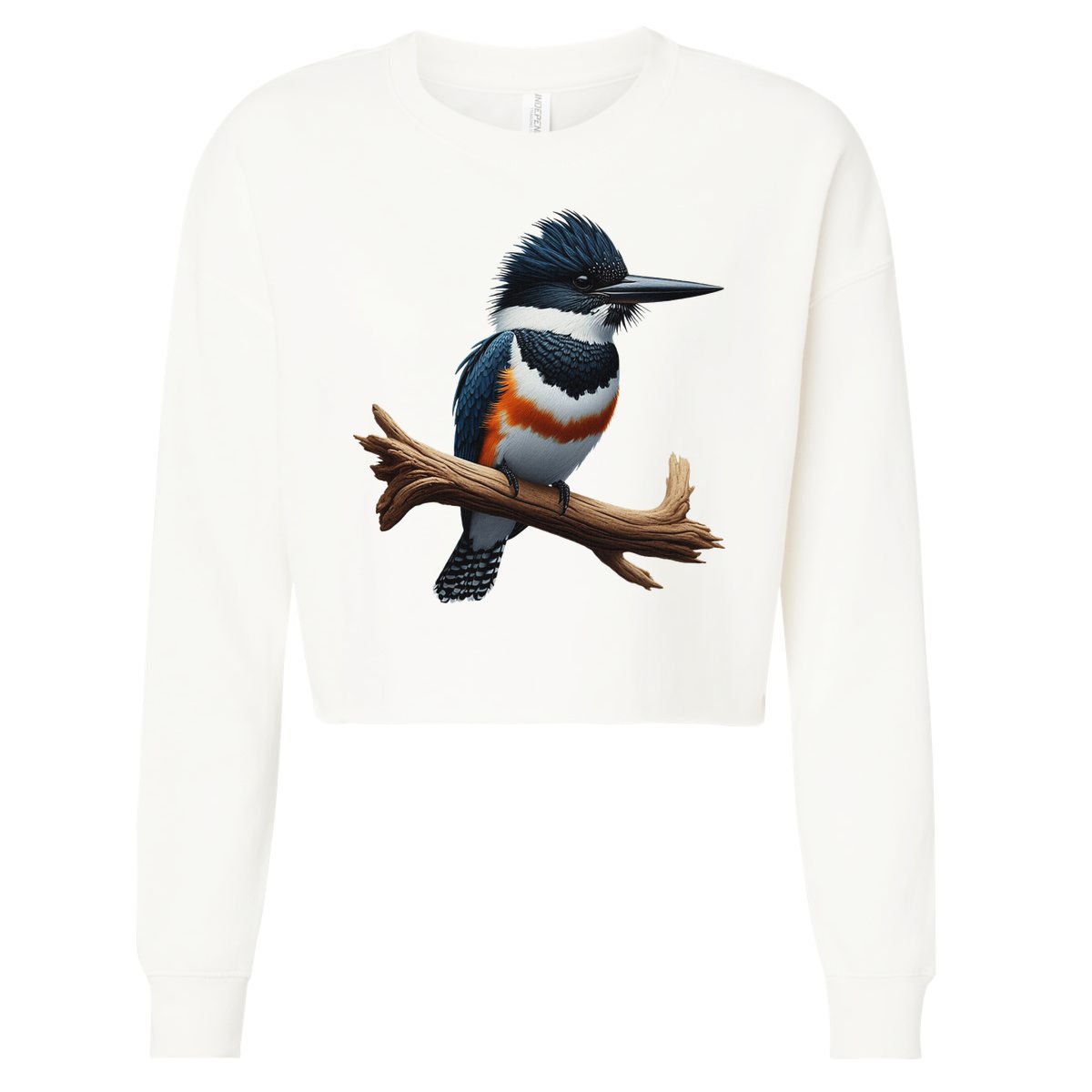 Bird Series. Belted Kingfisher Bird. ArtistS Rendition. Cropped Pullover Crew