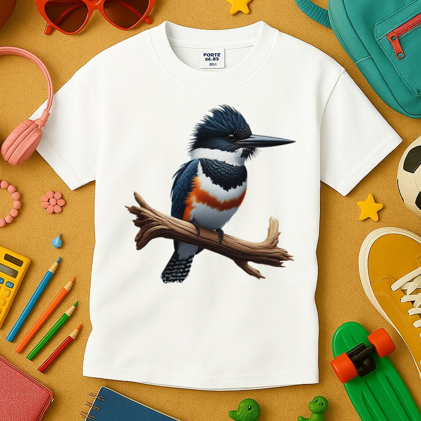 Bird Series. Belted Kingfisher Bird. ArtistS Rendition. Kids T-Shirt