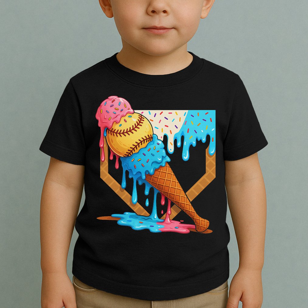 Baseball Sister Brother Drip Ice Cream Baseball Game Day Toddler T-Shirt