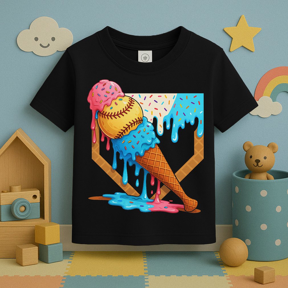 Baseball Sister Brother Drip Ice Cream Baseball Game Day Toddler T-Shirt
