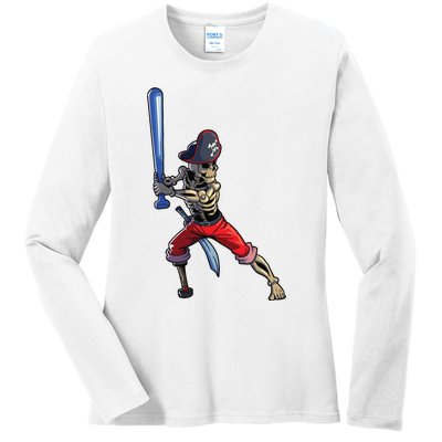 Baseball Skeleton Boy Pirate Baseball Halloween Ladies Long Sleeve Shirt