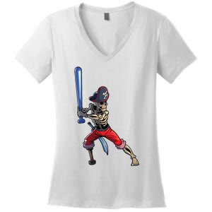 Baseball Skeleton Boy Pirate Baseball Halloween Women's V-Neck T-Shirt