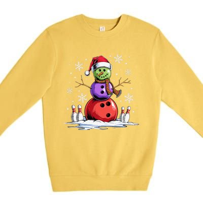 Bowling Snowman Bowling Player Santa Hat Christmas Funny Gift Premium Crewneck Sweatshirt