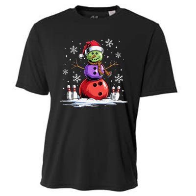 Bowling Snowman Bowling Player Santa Hat Christmas Funny Gift Cooling Performance Crew T-Shirt