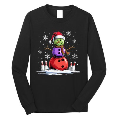 Bowling Snowman Bowling Player Santa Hat Christmas Funny Gift Long Sleeve Shirt