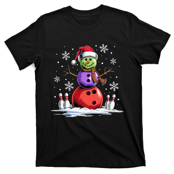 Bowling Snowman Bowling Player Santa Hat Christmas Funny Gift T-Shirt