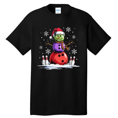 Bowling Snowman Bowling Player Santa Hat Christmas Funny Gift Tall T-Shirt