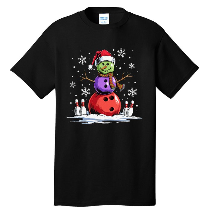 Bowling Snowman Bowling Player Santa Hat Christmas Funny Gift Tall T-Shirt