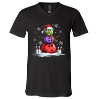 Bowling Snowman Bowling Player Santa Hat Christmas Funny Gift V-Neck T-Shirt