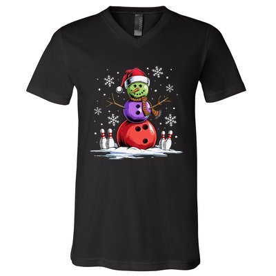 Bowling Snowman Bowling Player Santa Hat Christmas Funny Gift V-Neck T-Shirt