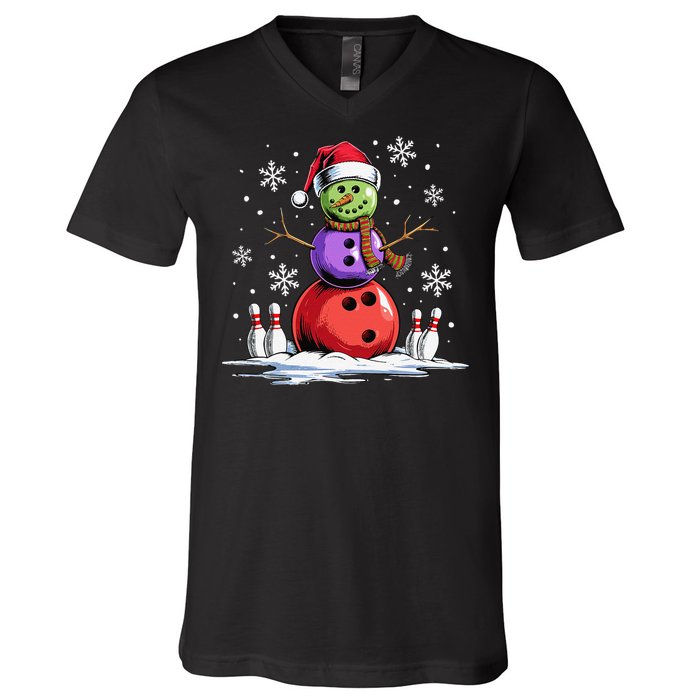 Bowling Snowman Bowling Player Santa Hat Christmas Funny Gift V-Neck T-Shirt