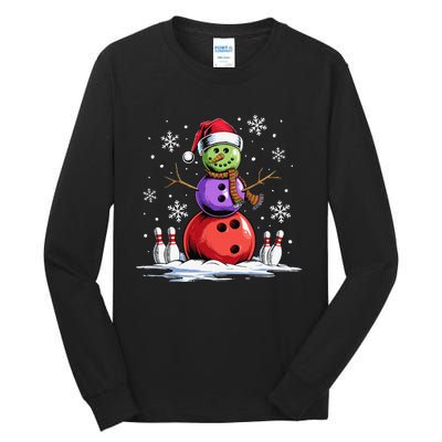 Bowling Snowman Bowling Player Santa Hat Christmas Funny Gift Tall Long Sleeve T-Shirt