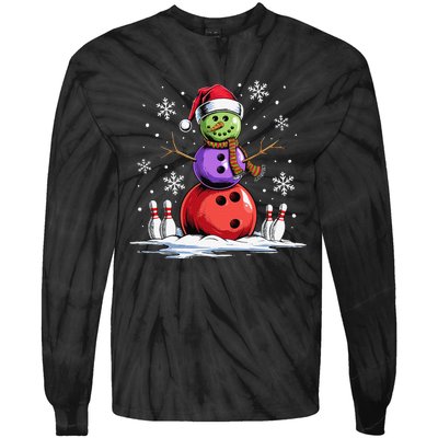 Bowling Snowman Bowling Player Santa Hat Christmas Funny Gift Tie-Dye Long Sleeve Shirt