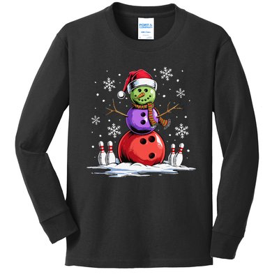 Bowling Snowman Bowling Player Santa Hat Christmas Funny Gift Kids Long Sleeve Shirt