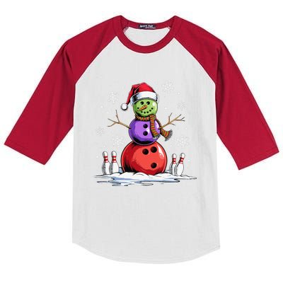 Bowling Snowman Bowling Player Santa Hat Christmas Funny Gift Kids Colorblock Raglan Jersey