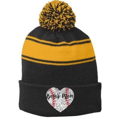 Baseball Softball Ball Heart Bonus Mom Mother's DayGift Stripe Pom Pom Beanie