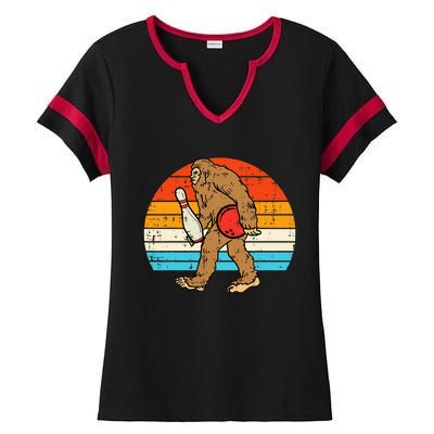 Bigfoot Sasquatch Bowling Retro Bowler Team Ladies Halftime Notch Neck Tee