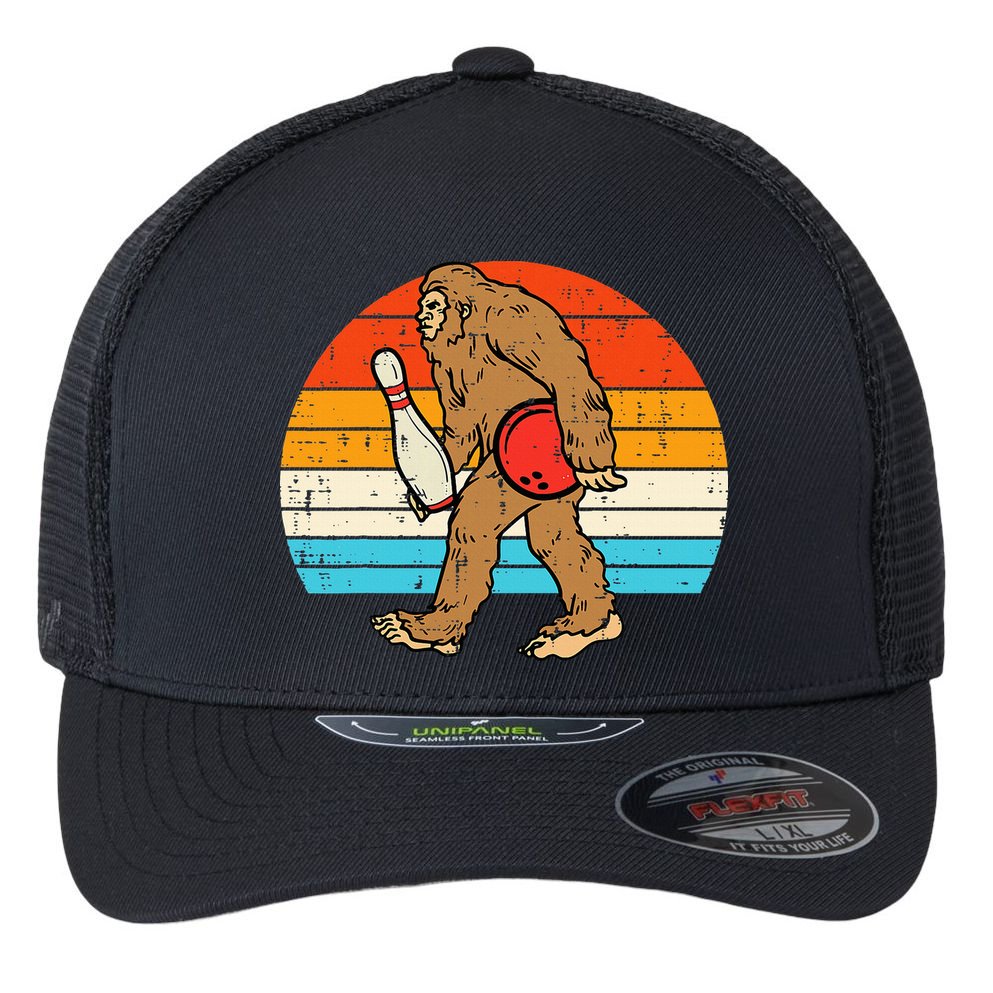 Bigfoot Sasquatch Bowling Retro Bowler Team Flexfit Unipanel Trucker Cap