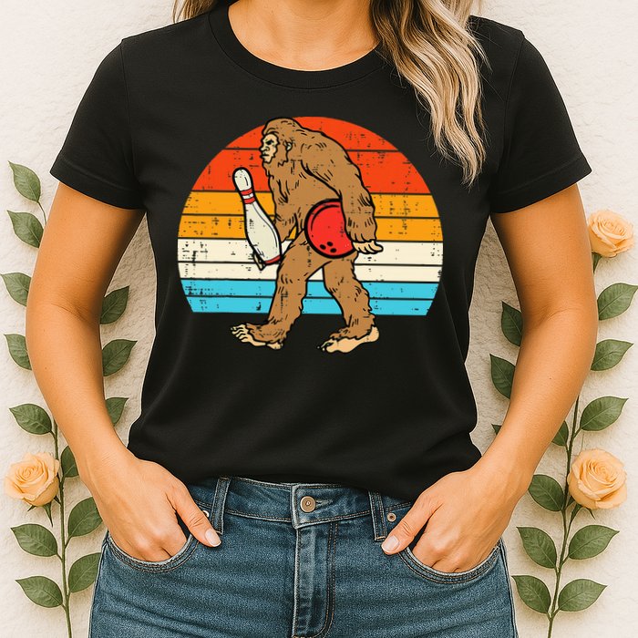 Bigfoot Sasquatch Bowling Retro Bowler Team Womens T-Shirt