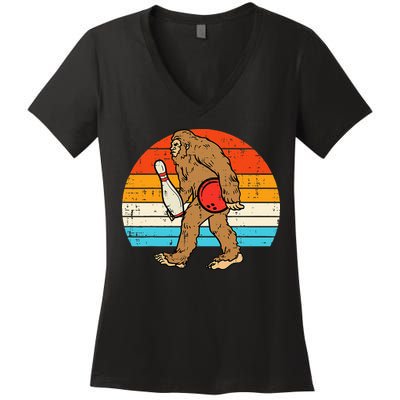 Bigfoot Sasquatch Bowling Retro Bowler Team Women's V-Neck T-Shirt