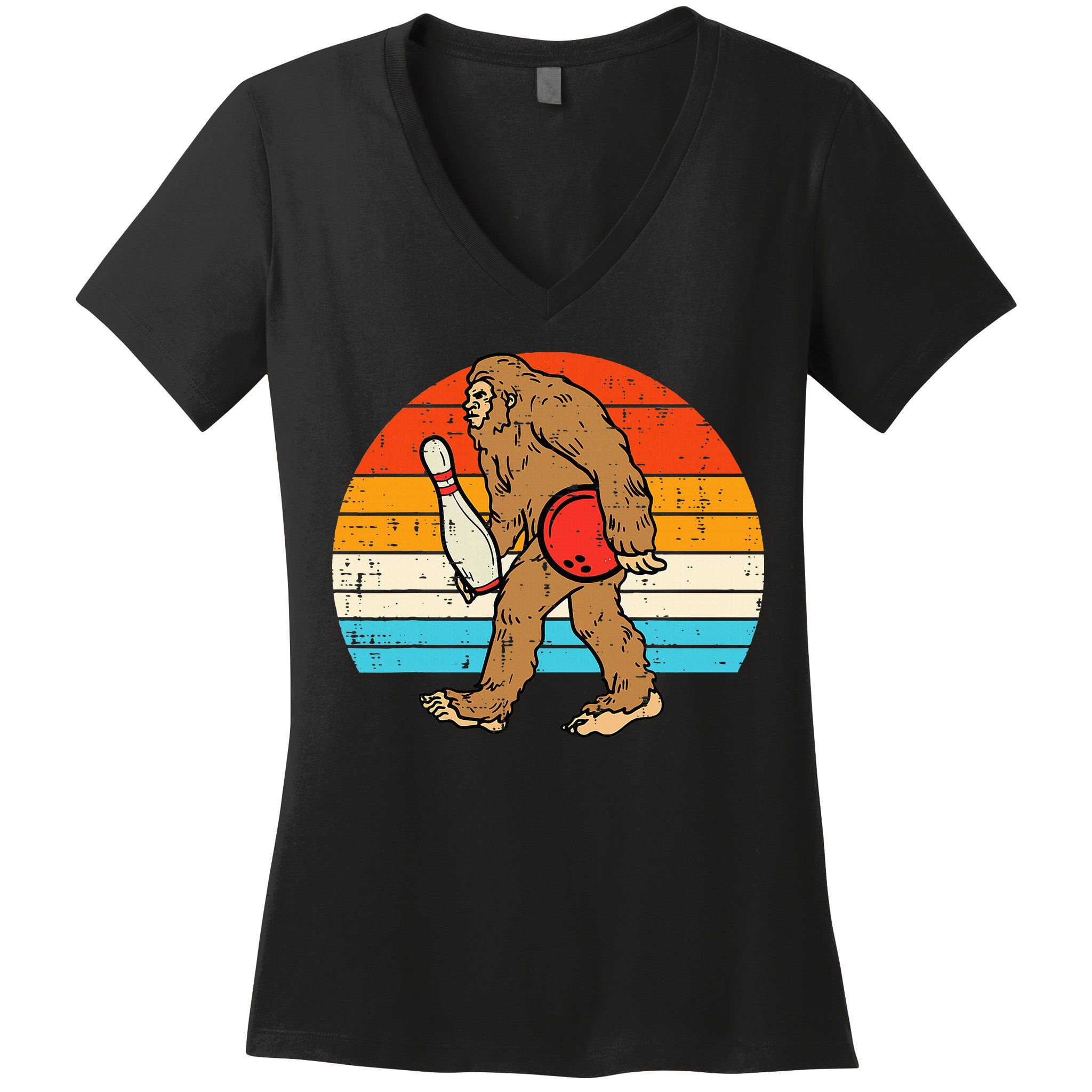 Bigfoot Sasquatch Bowling Retro Bowler Team Women's V-Neck T-Shirt