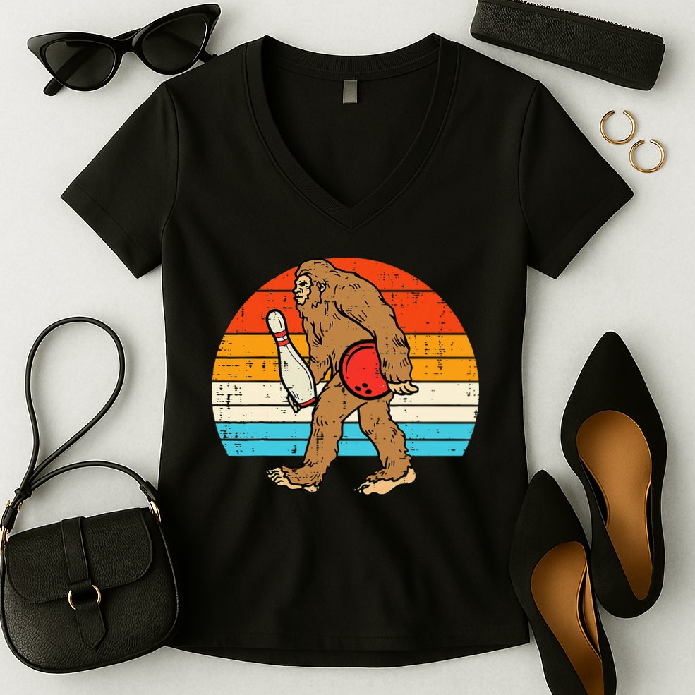 Bigfoot Sasquatch Bowling Retro Bowler Team Women's V-Neck T-Shirt