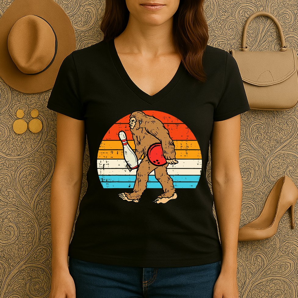 Bigfoot Sasquatch Bowling Retro Bowler Team Women's V-Neck T-Shirt