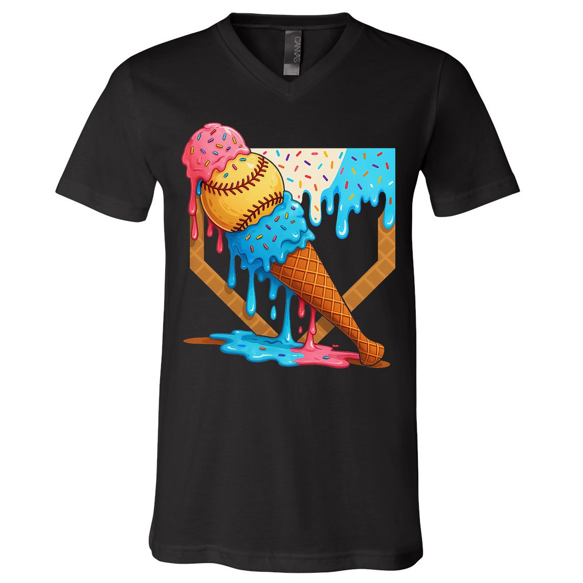 Baseball Sister Brother Drip Ice Cream Baseball Game Day V-Neck T-Shirt