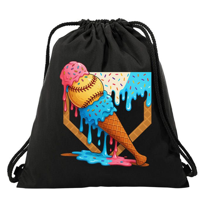Baseball Sister Brother Drip Ice Cream Baseball Game Day Drawstring Bag