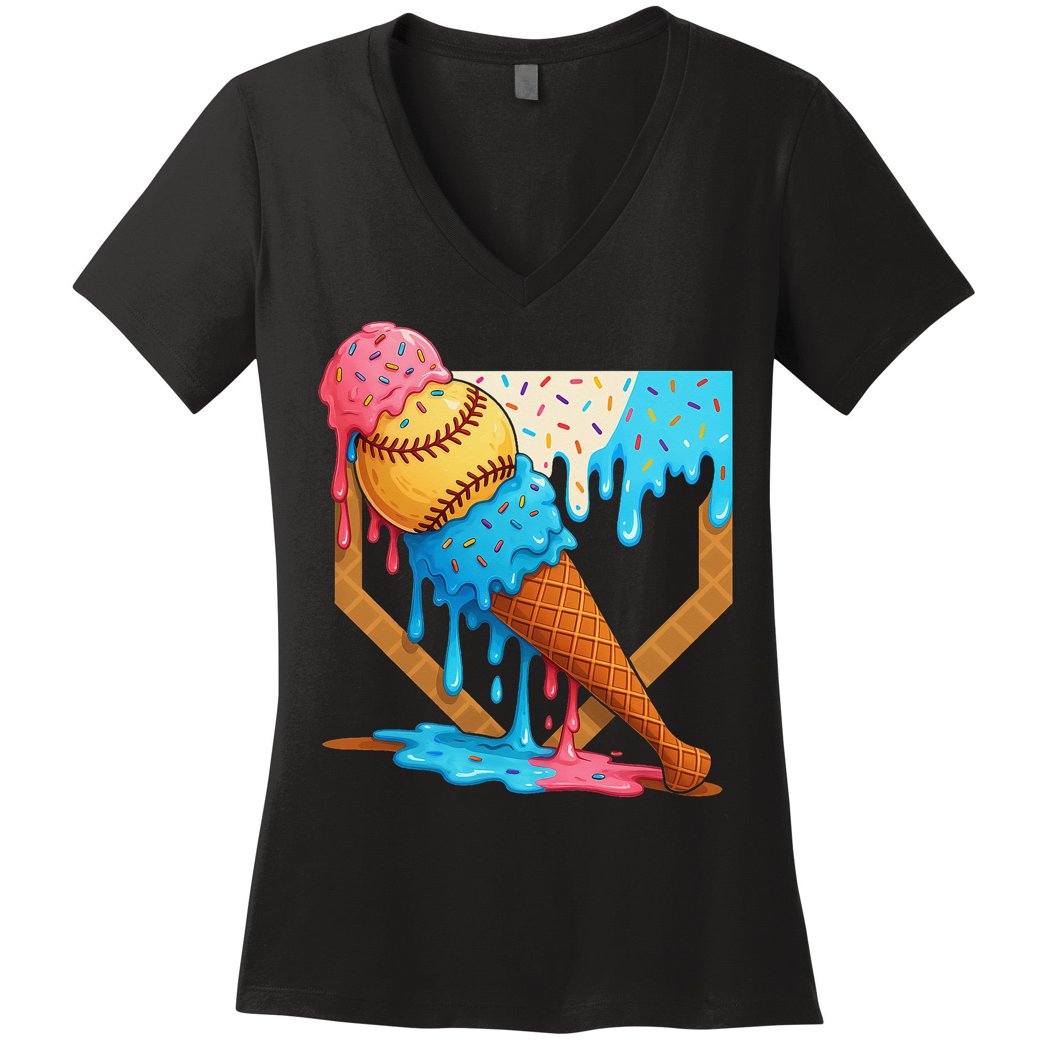 Baseball Sister Brother Drip Ice Cream Baseball Game Day Women's V-Neck T-Shirt