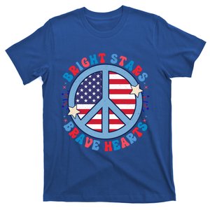 Bright Stars Brave Hearts Groovy Retro America 4th Of July Gift T-Shirt