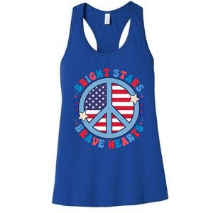 Bright Stars Brave Hearts Groovy Retro America 4th Of July Gift Women's Racerback Tank