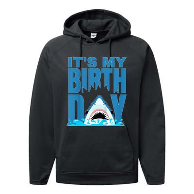 Blue Shark Birthday Shark Bite Its My Birthday Performance Fleece Hoodie