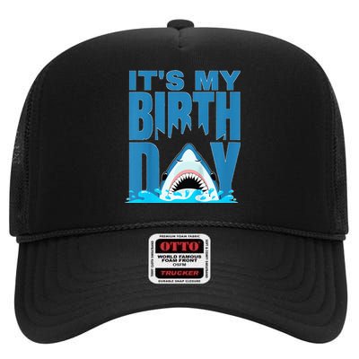 Blue Shark Birthday Shark Bite Its My Birthday High Crown Mesh Back Trucker Hat